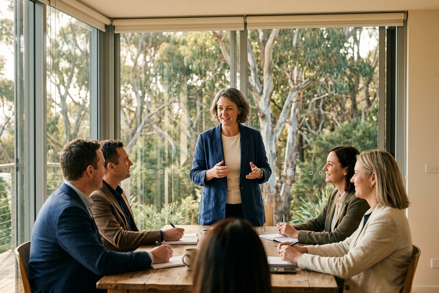 A training facilitator leading a professional workshop in a bright room in Australia
