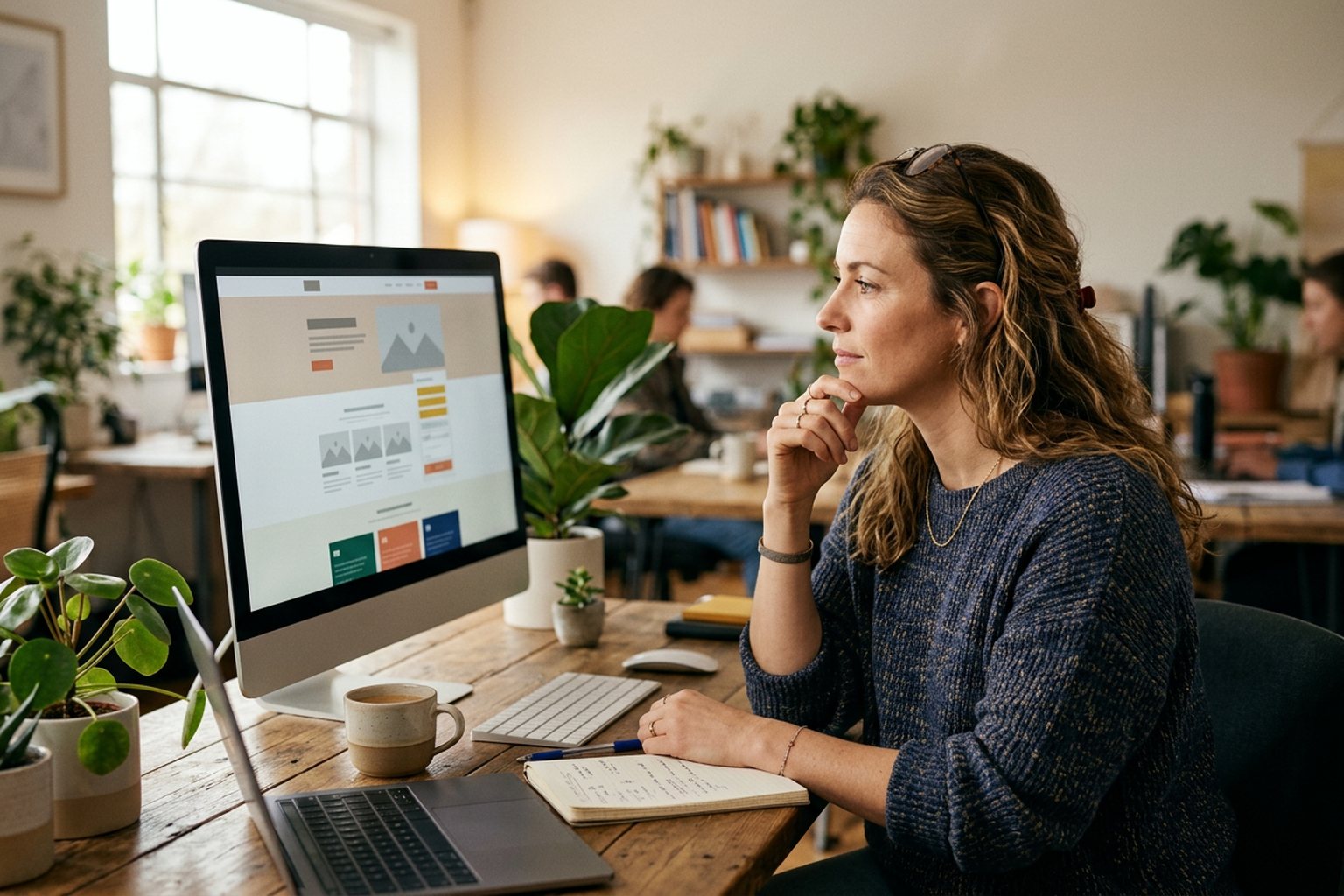 A marketing professional reviewing a course page layout on a large monitor