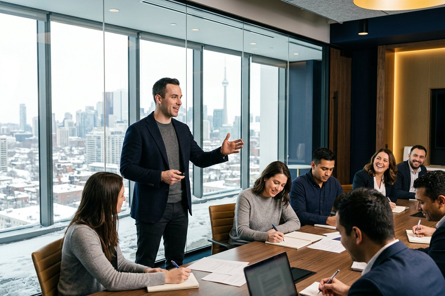 A trainer running a professional seminar in a glass-walled meeting room in Canada