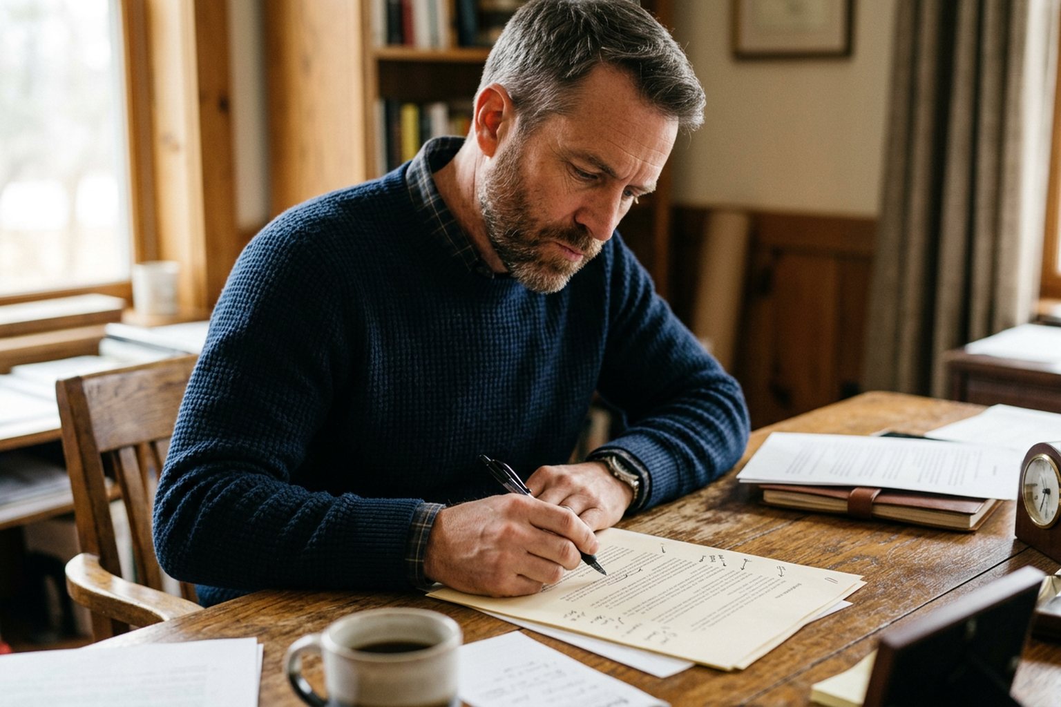 A professional checking printed marketing copy line by line with a pen