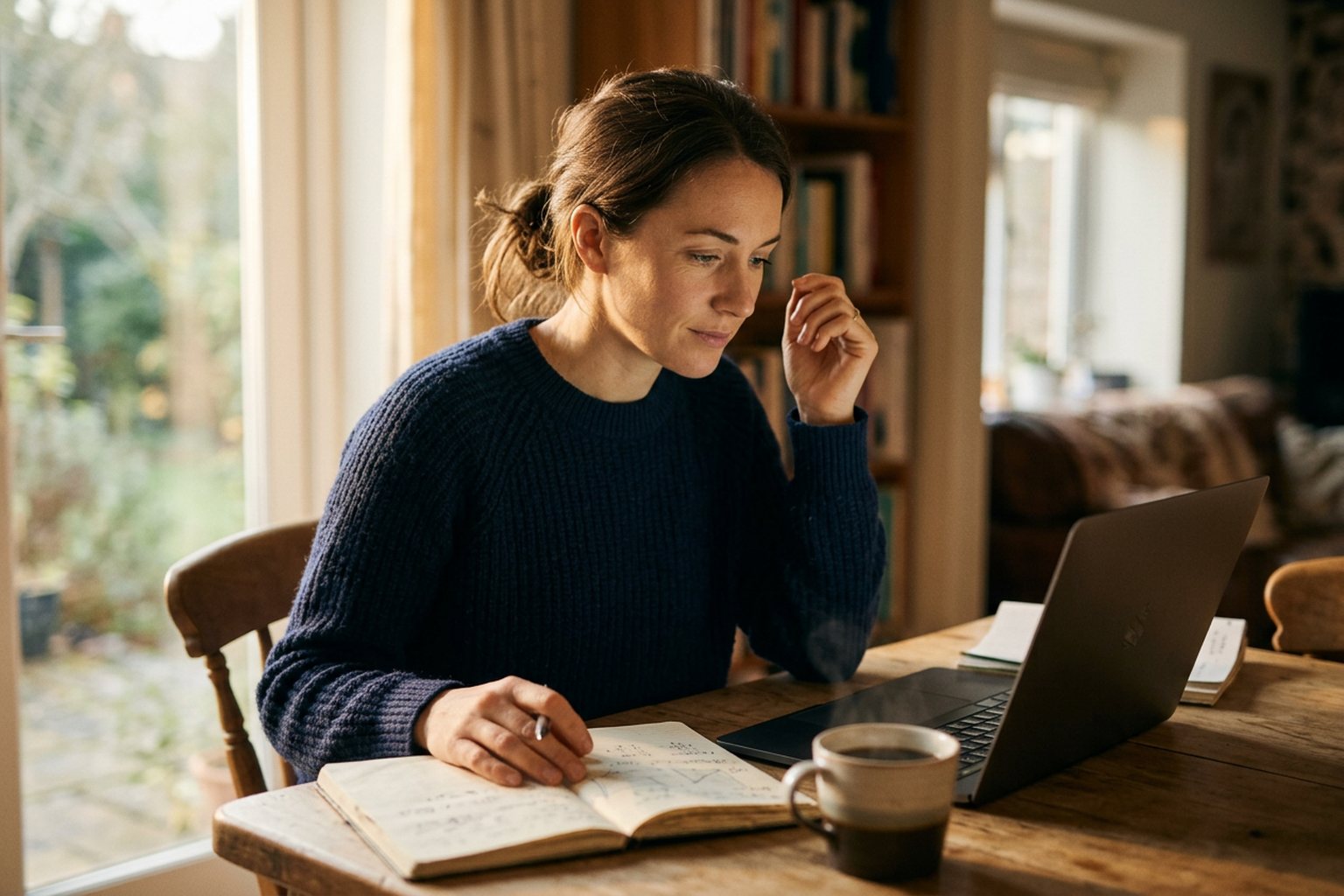 A training business owner reviewing figures in a notebook beside a laptop
