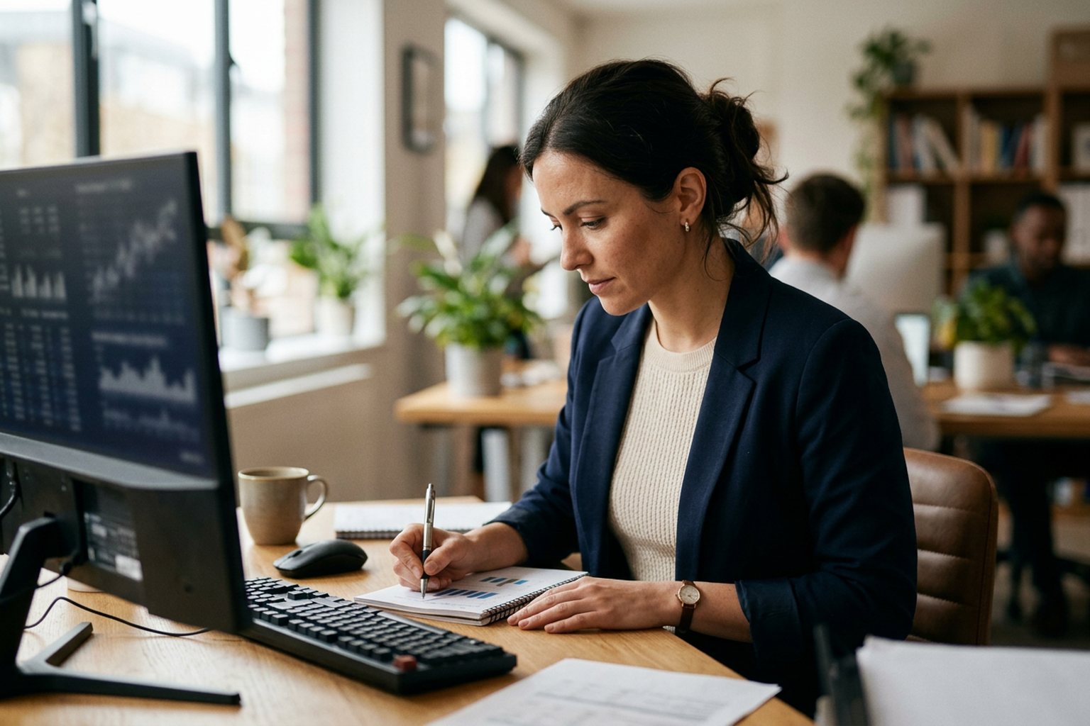 A chartered accountant reviewing figures and making a note at a desk