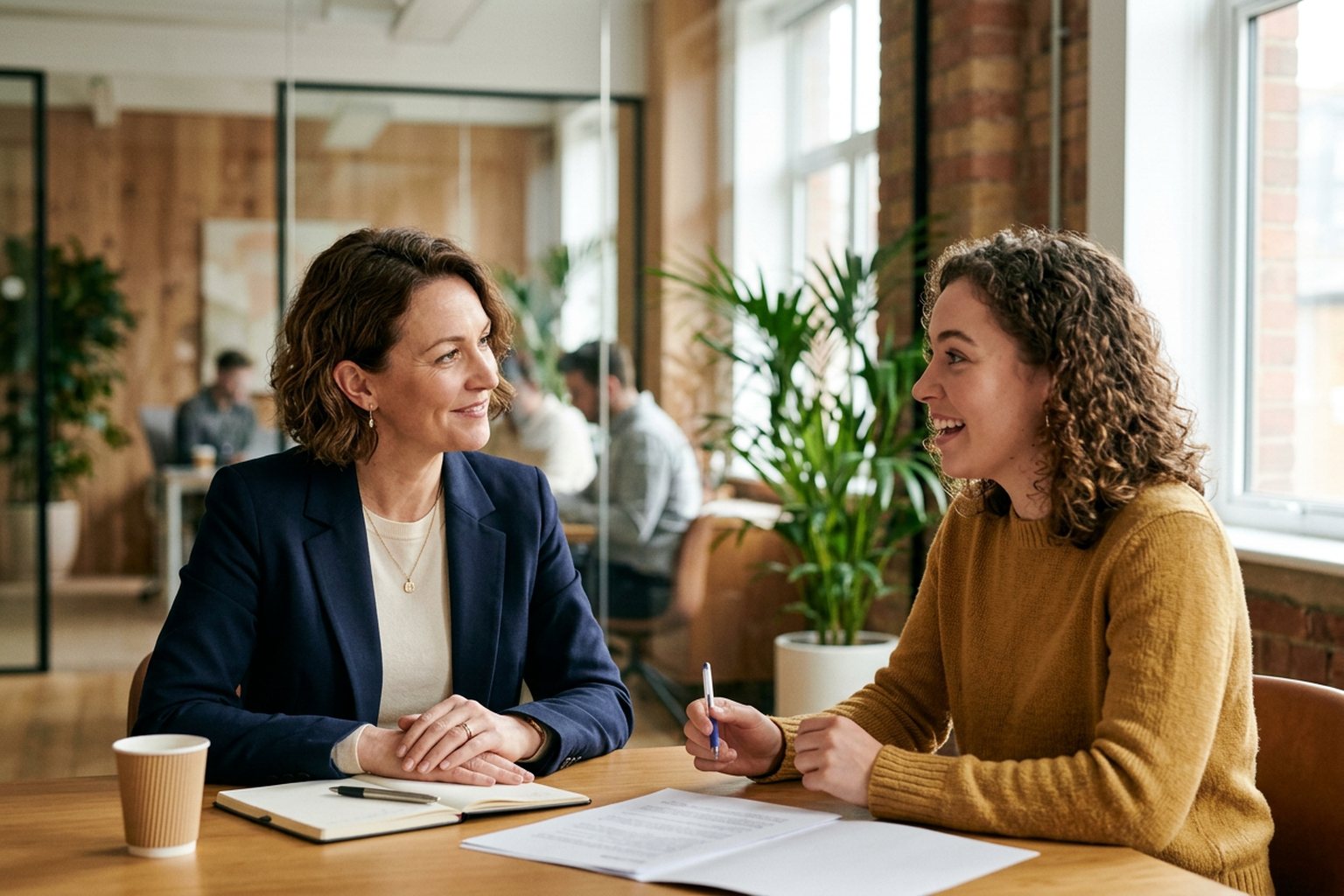 Two HR professionals in conversation across a table in a bright meeting room