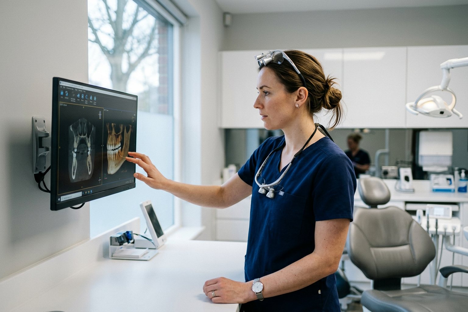 A dentist reviewing a digital scan on a monitor in a modern surgery