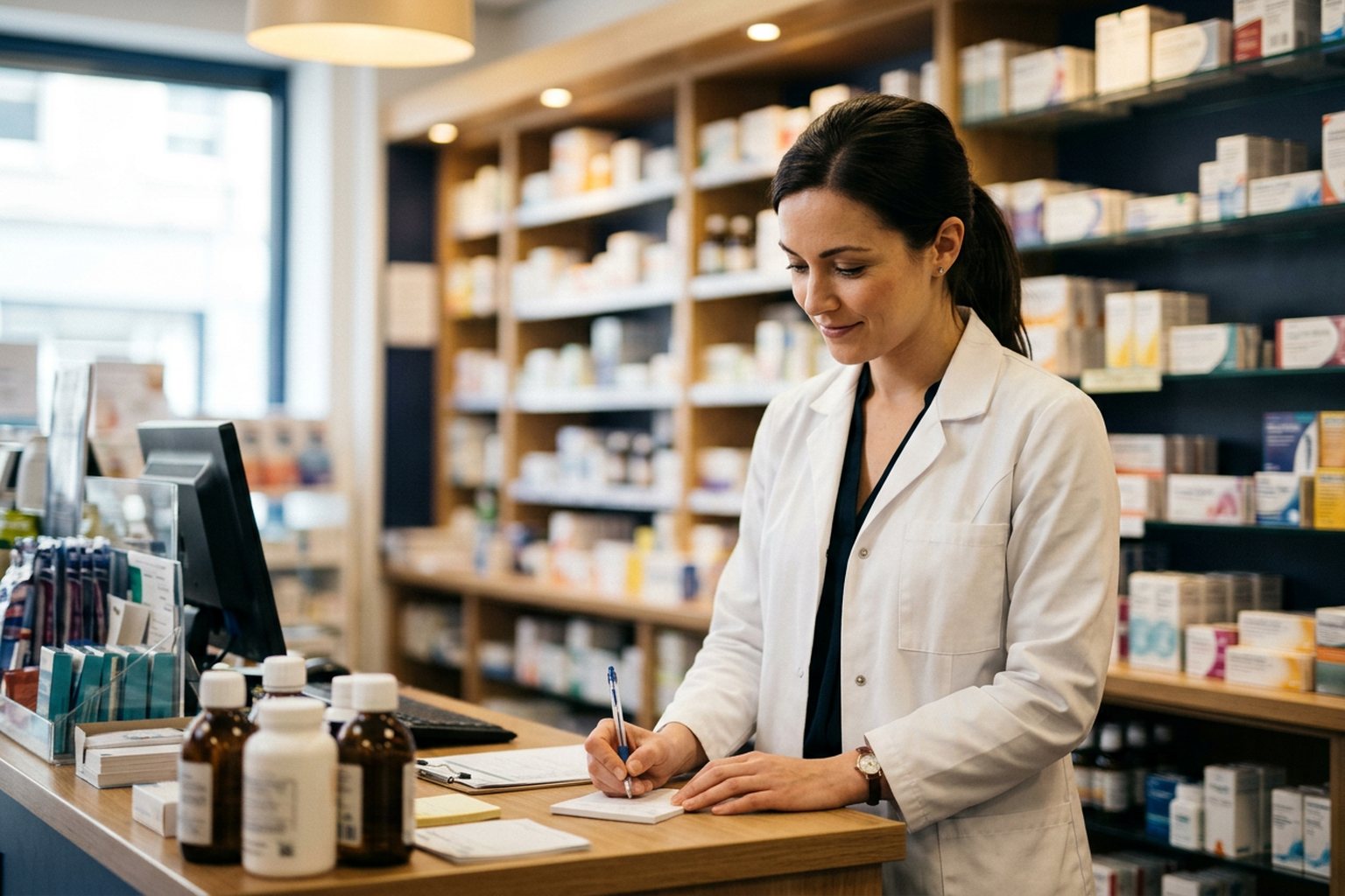A pharmacist making a note at the dispensary counter of a community pharmacy
