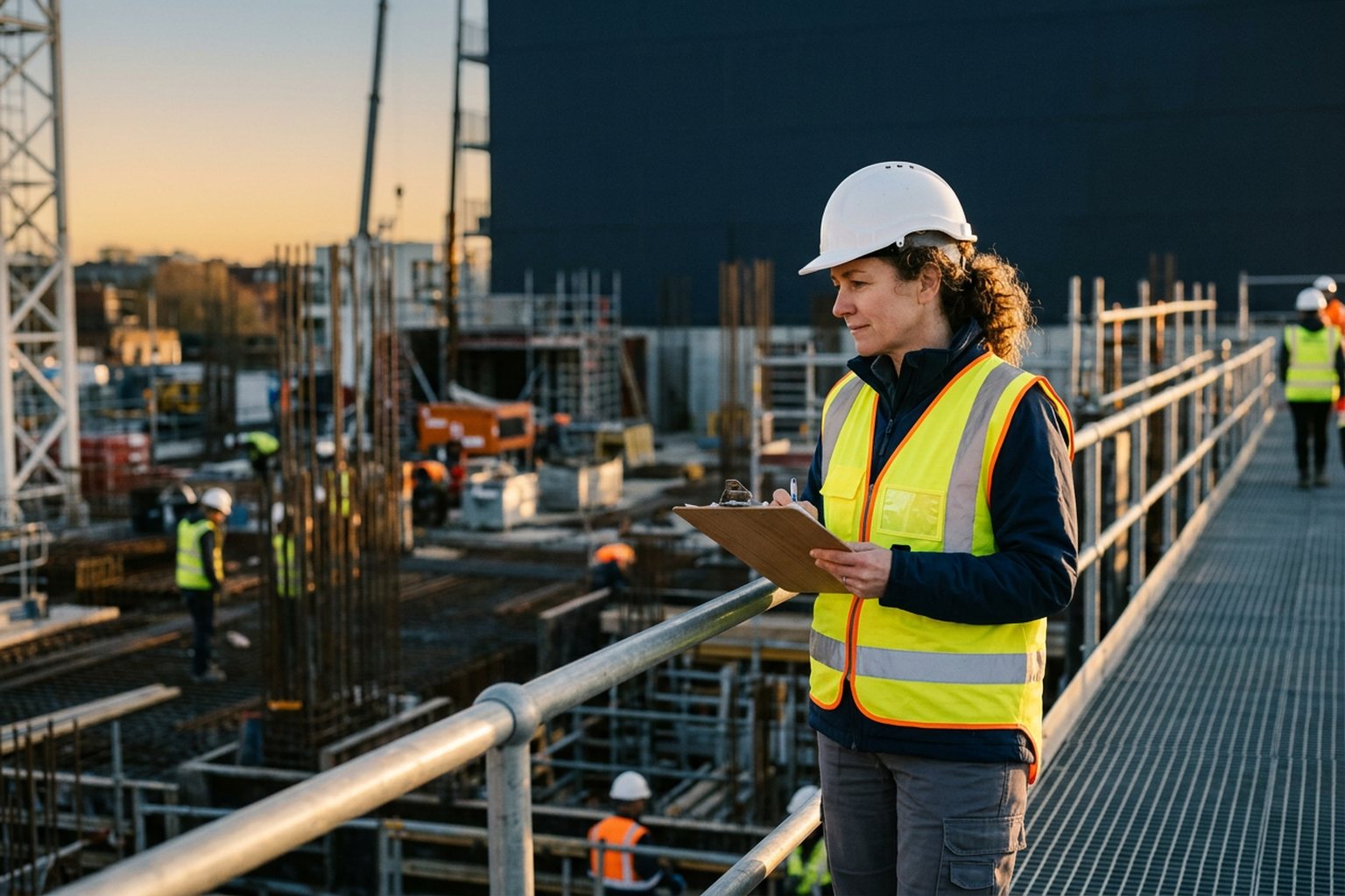 A health and safety professional in hi-vis and hard hat surveying a construction site at golden hour