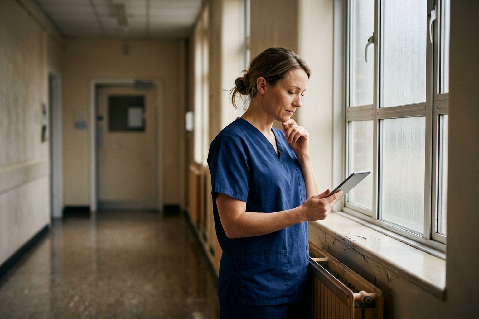A nurse in navy scrubs reviewing notes on a tablet at a hospital corridor window