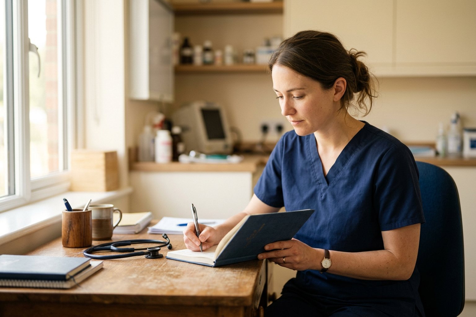 A veterinary surgeon writing reflective notes at a clinic desk