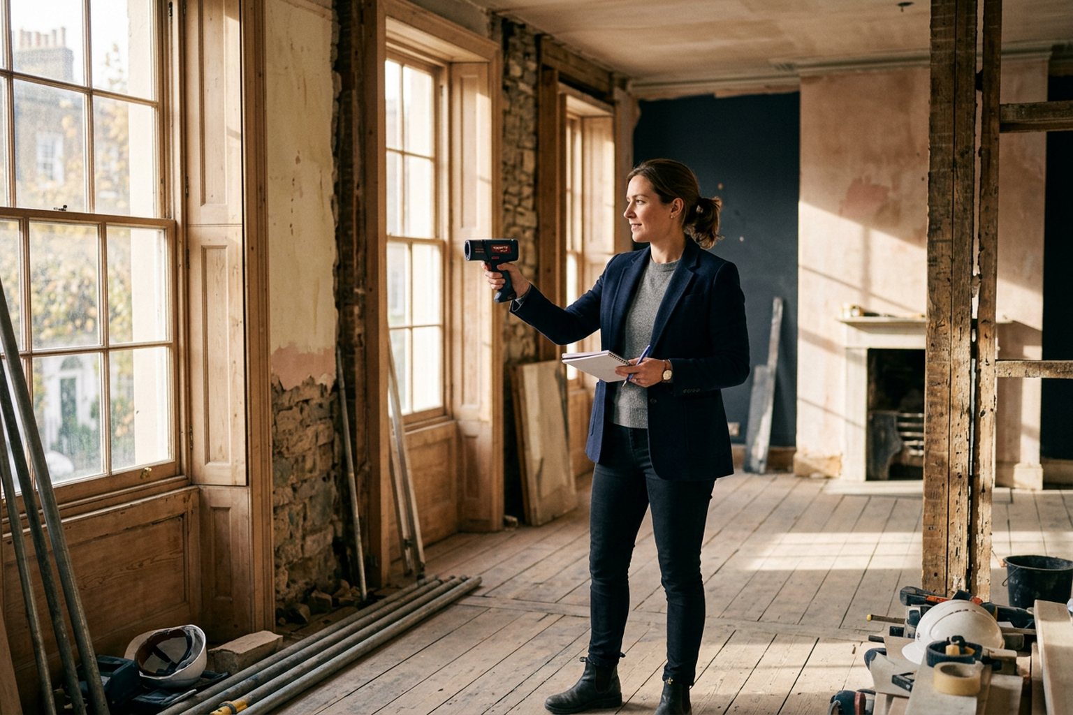 A chartered surveyor taking a measurement in a partially renovated Georgian building