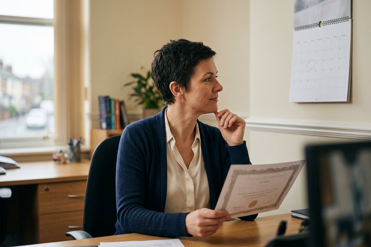 A training provider at a desk reviewing an accreditation certificate and a wall calendar, considering a renewal date
