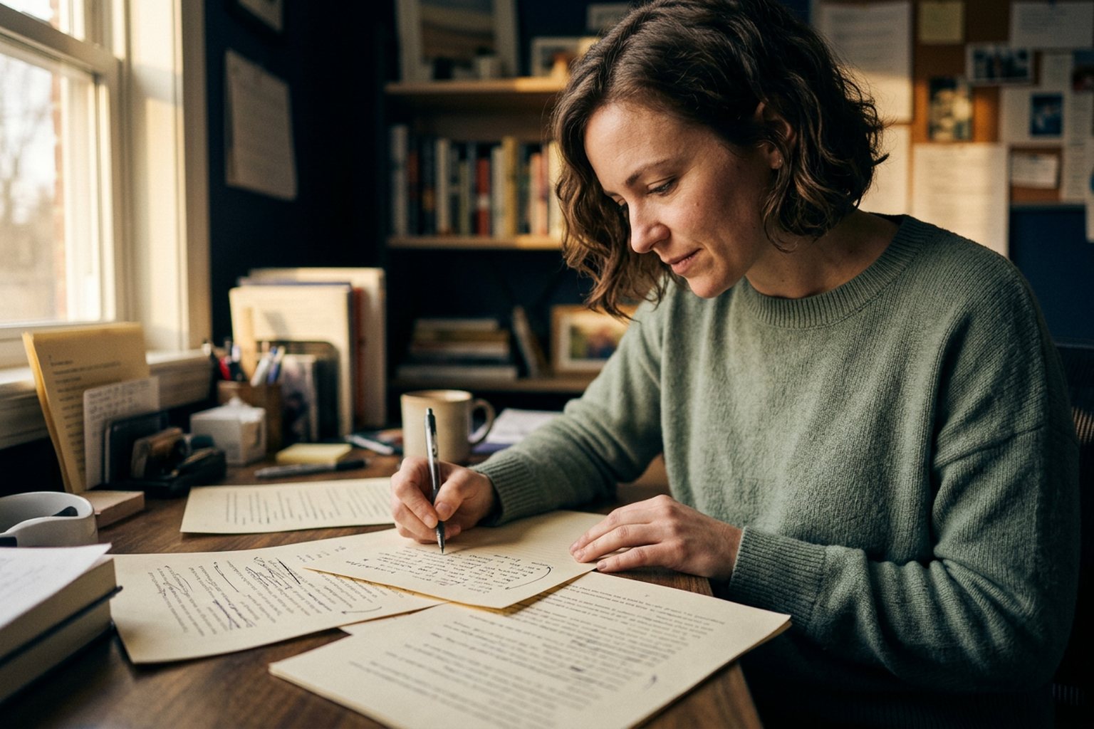 A course author reworking materials at a desk with pages spread out