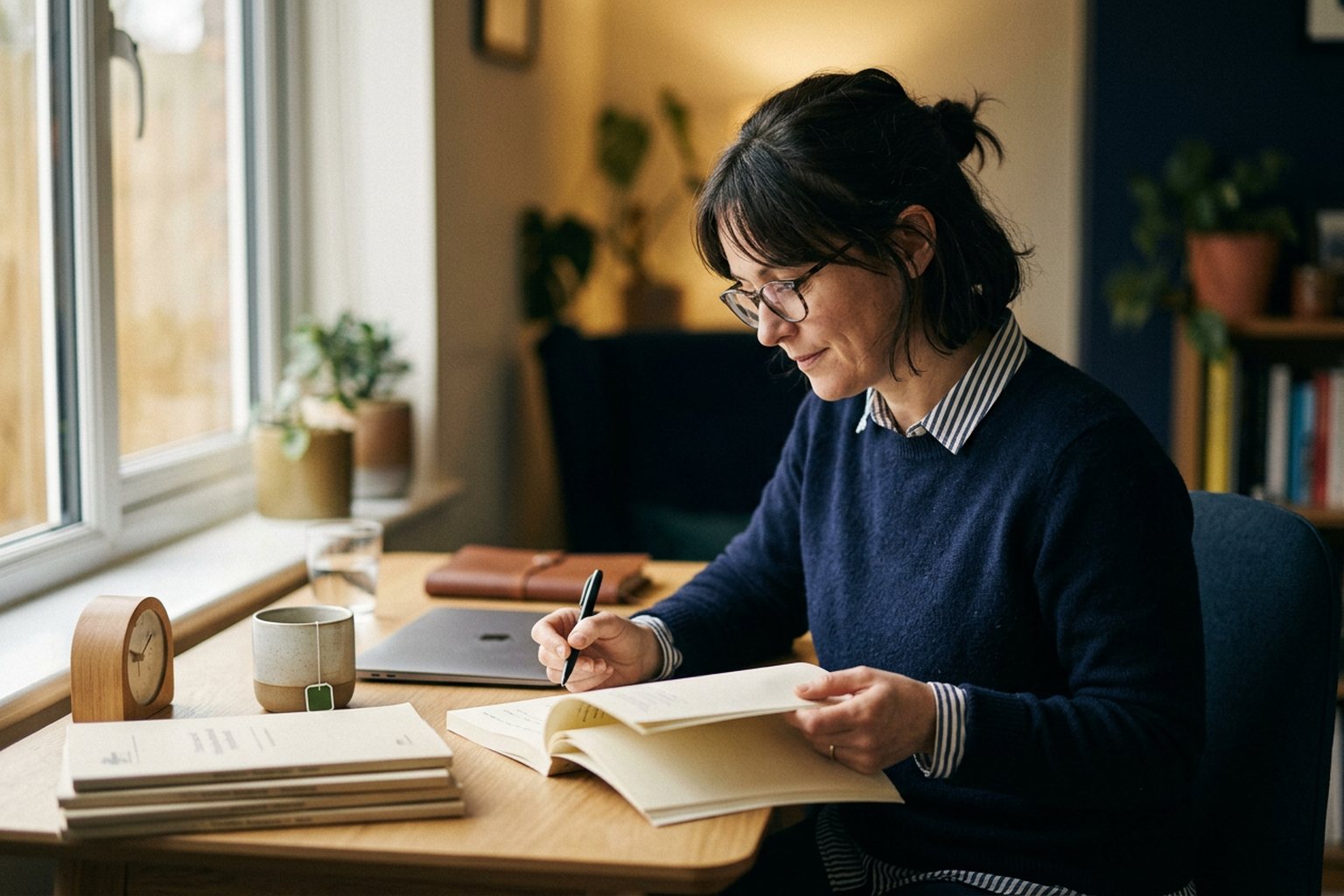 An assessor working carefully through course materials at a tidy desk