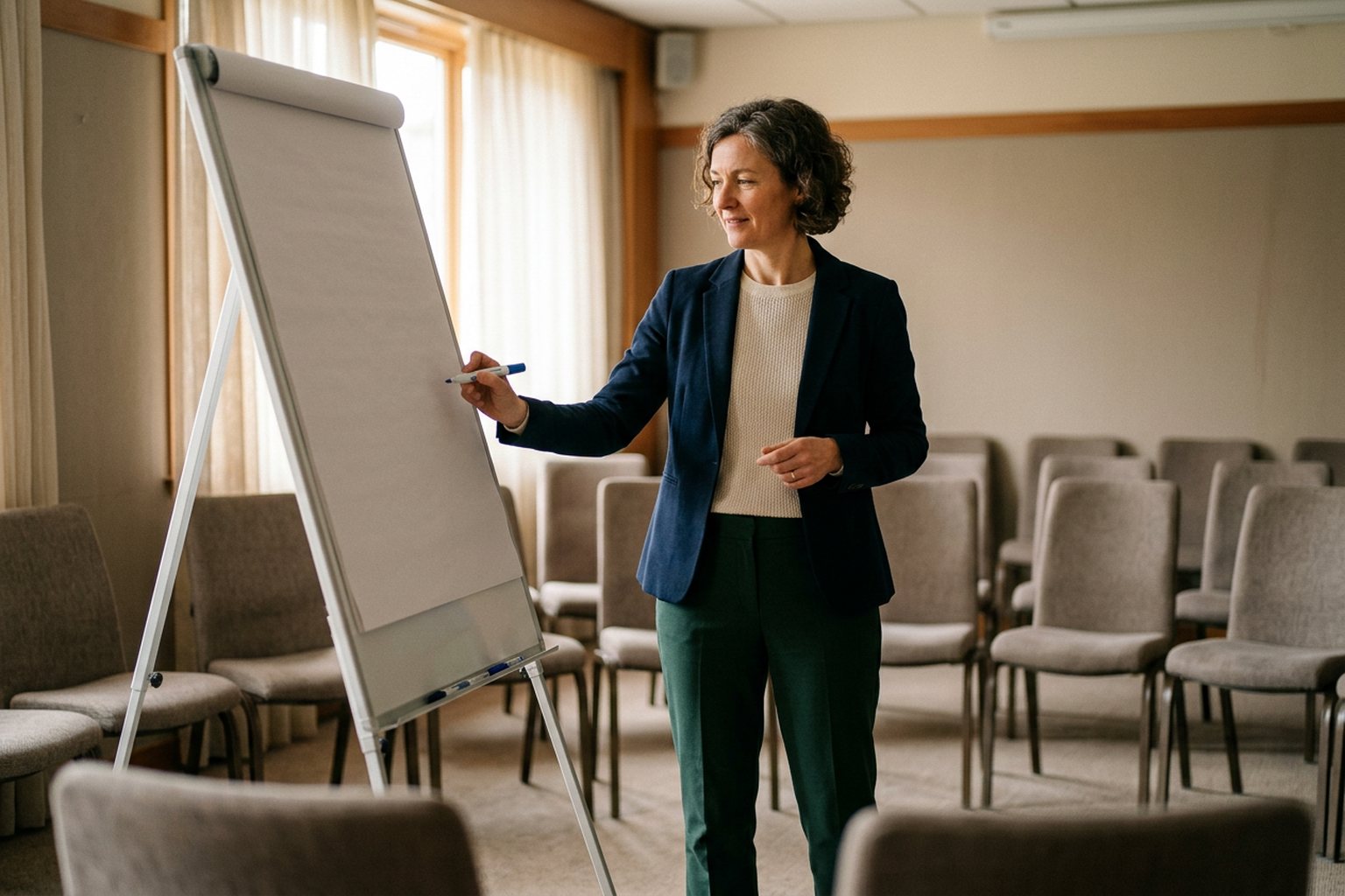 An independent trainer preparing a bright training room with chairs arranged in a semicircle