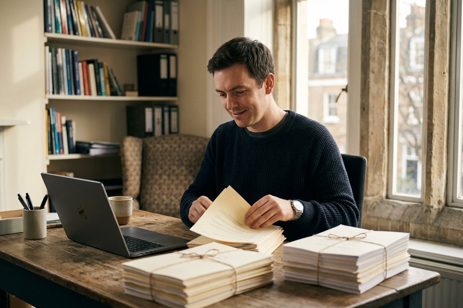 A training provider assembling a submission from neat stacks of course material