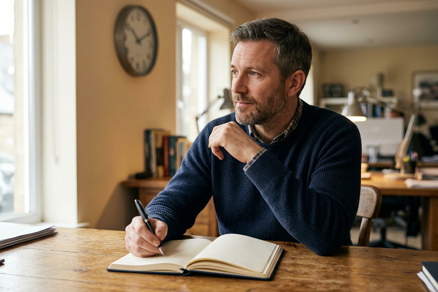 A professional pausing over a desk diary, considering how CPD hours are counted