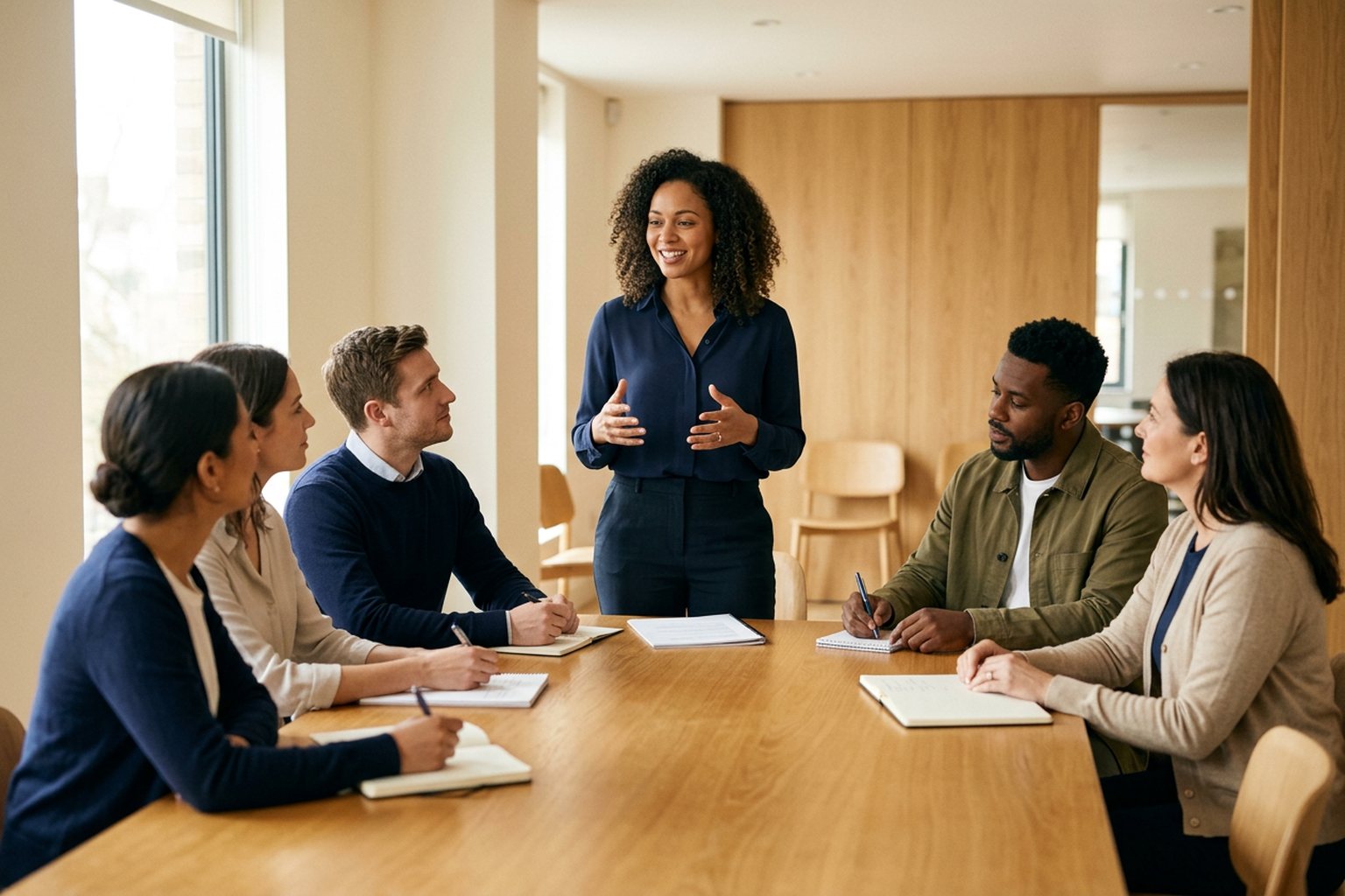 A small group of colleagues in an internal training session around a meeting-room table