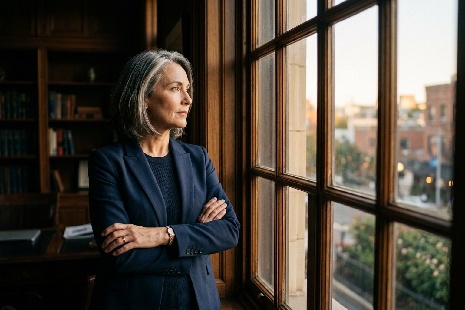 A professional standing in considered thought at an office window