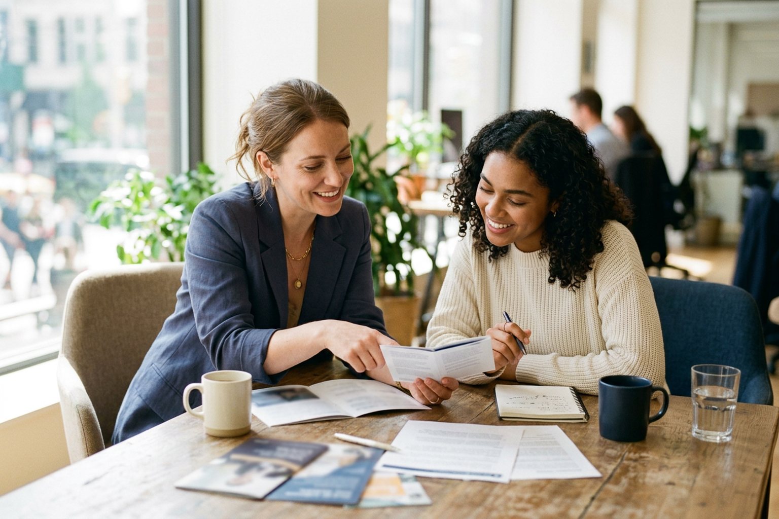 A small training team reviewing marketing materials spread across a table