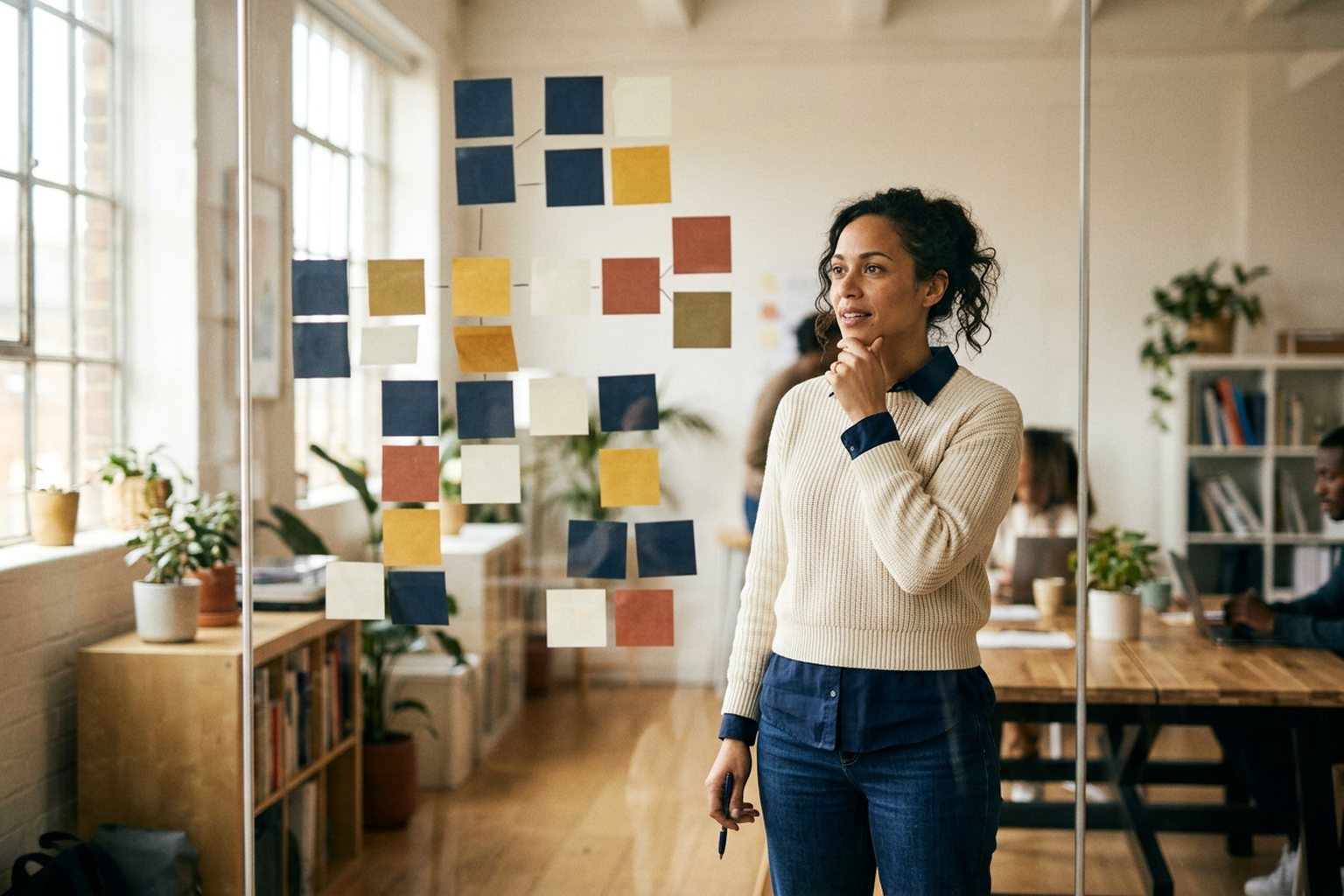An instructional designer mapping a course structure with sticky notes on a glass wall