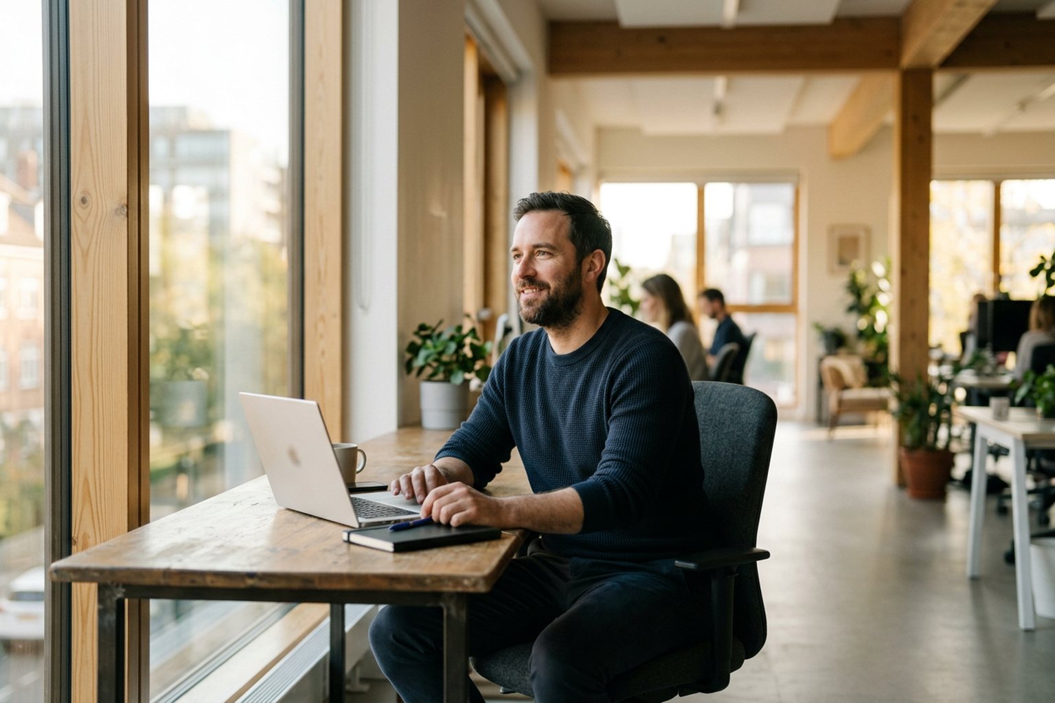 A professional at a desk in a bright, open office by a large window