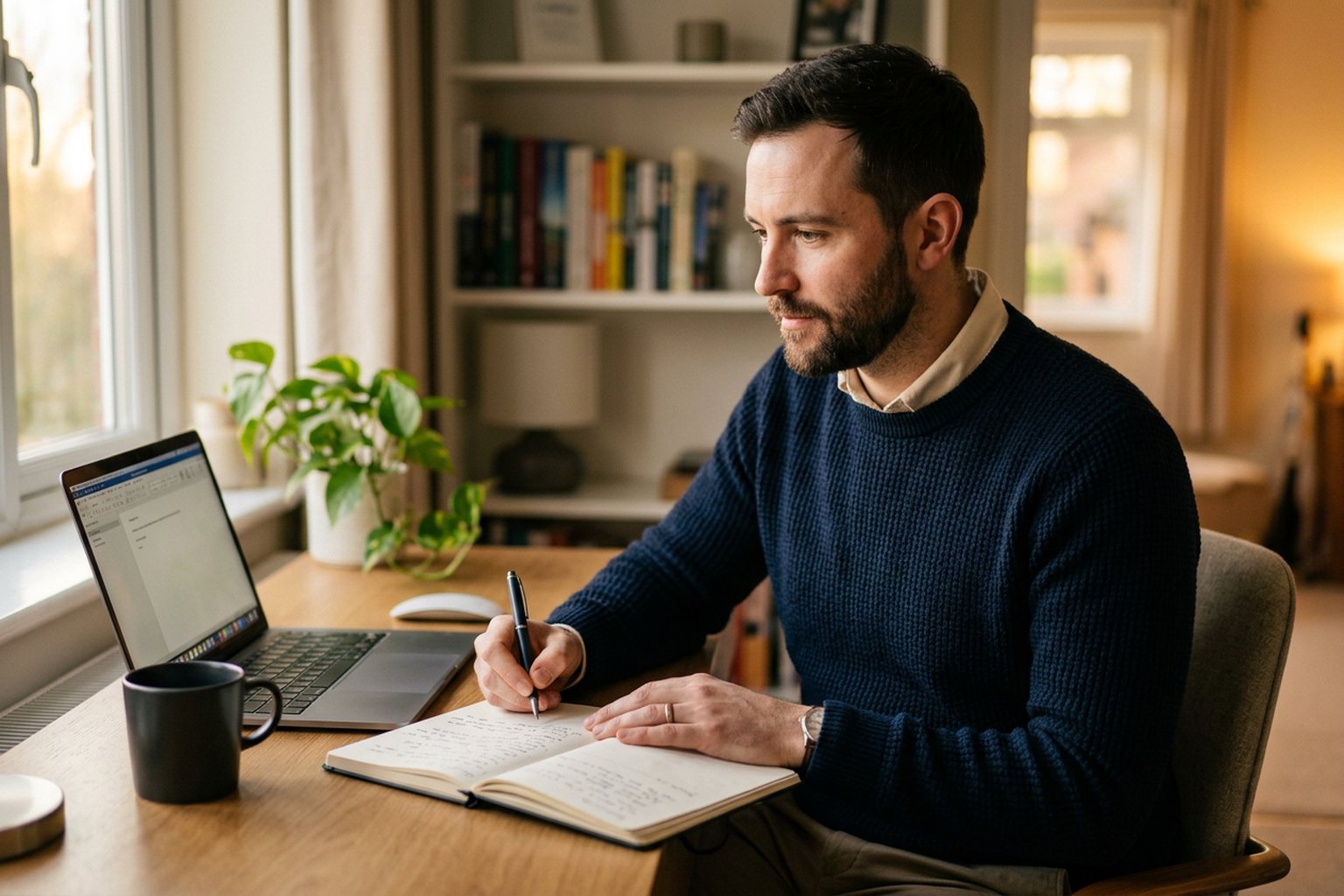 A professional writing up a learning record in a notebook beside a laptop at a home-office desk