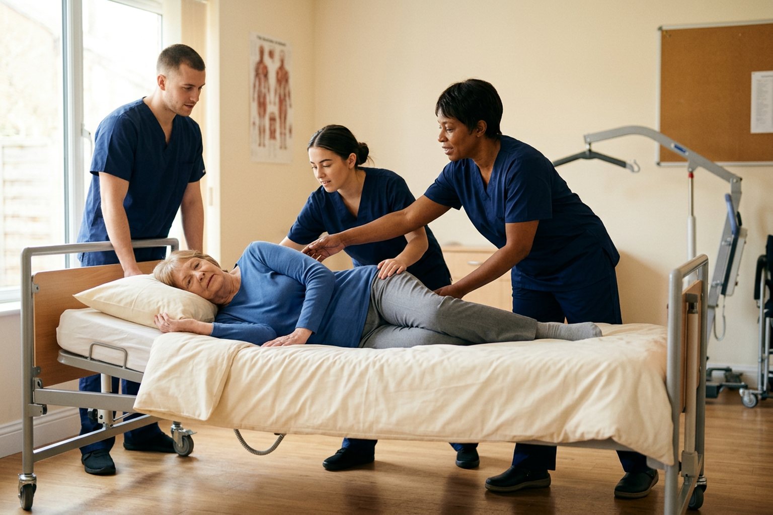 A care trainer guiding two care workers through a moving-and-handling technique