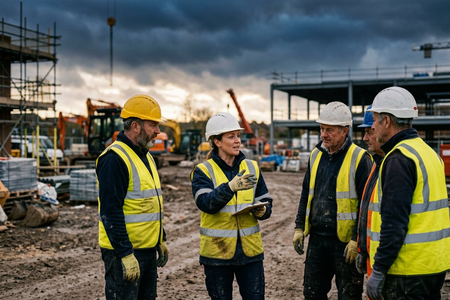 A site trainer in hi-vis delivering a toolbox talk to a small group of construction workers