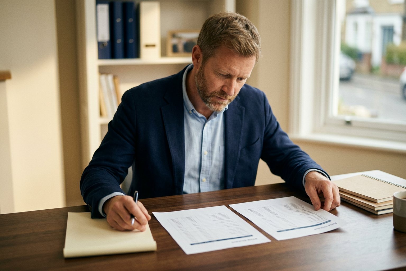 A training provider comparing two printed price sheets side by side at a tidy desk