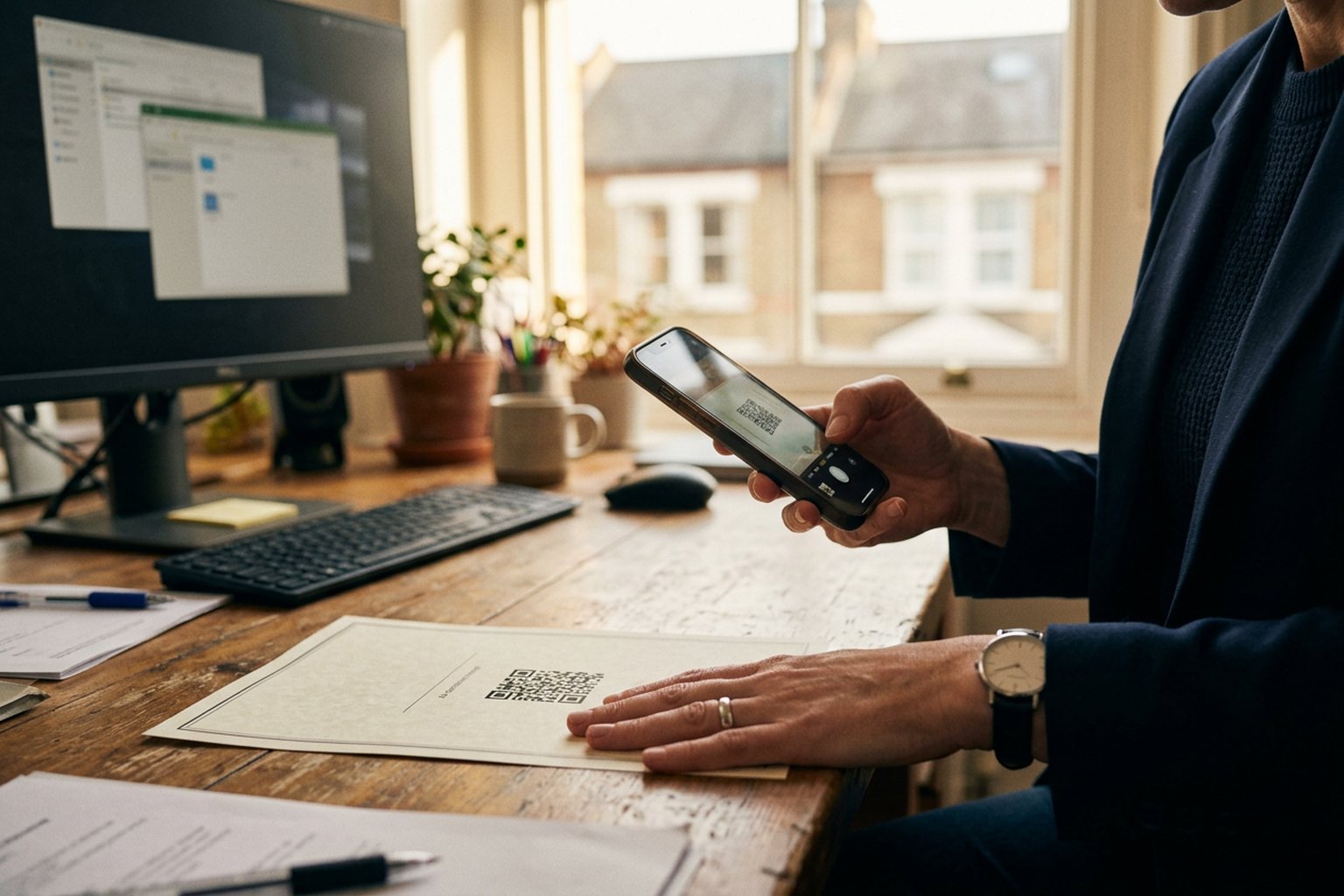 An HR manager scanning a QR code on a printed training certificate with a phone to verify it