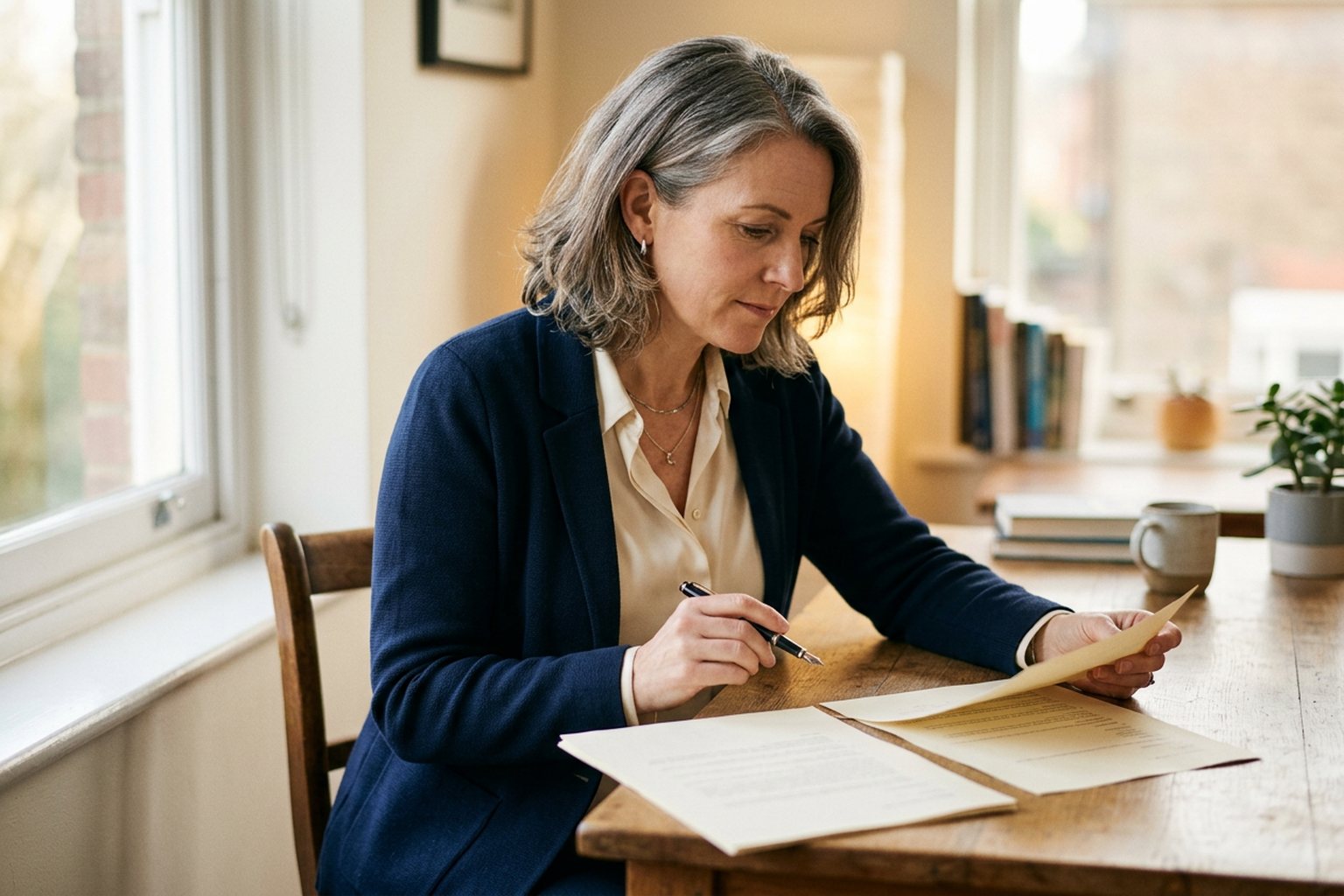 A training provider comparing two accreditation documents side by side at a desk