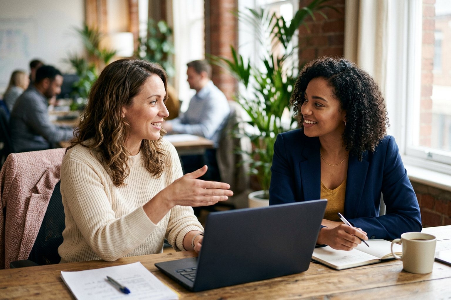 Two colleagues discussing accreditation options over a laptop in a bright office