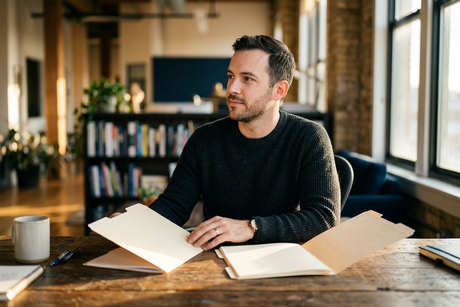A professional weighing up two options with folders open on a desk