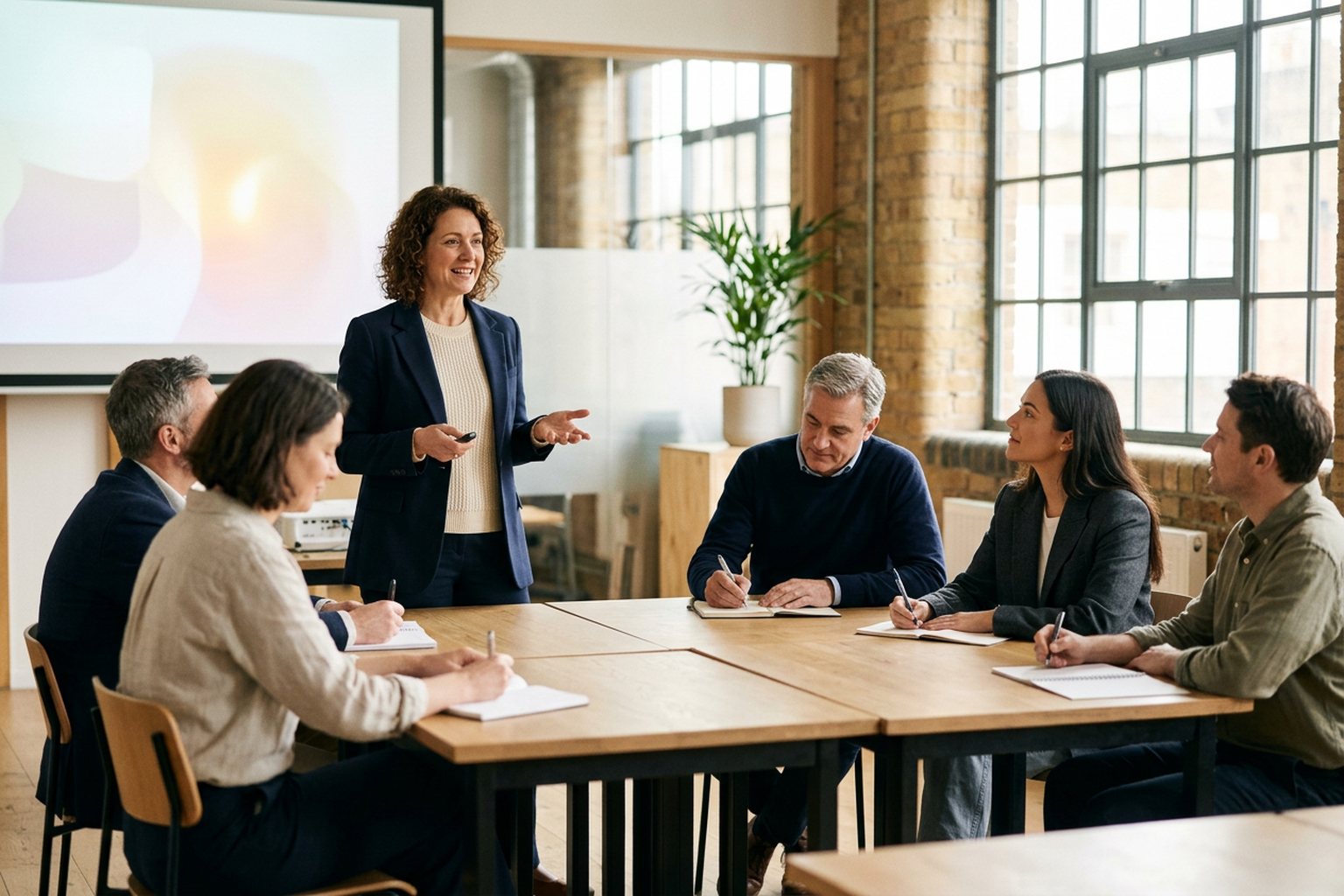 A group of professionals in a CPD workshop, one presenting while others take notes