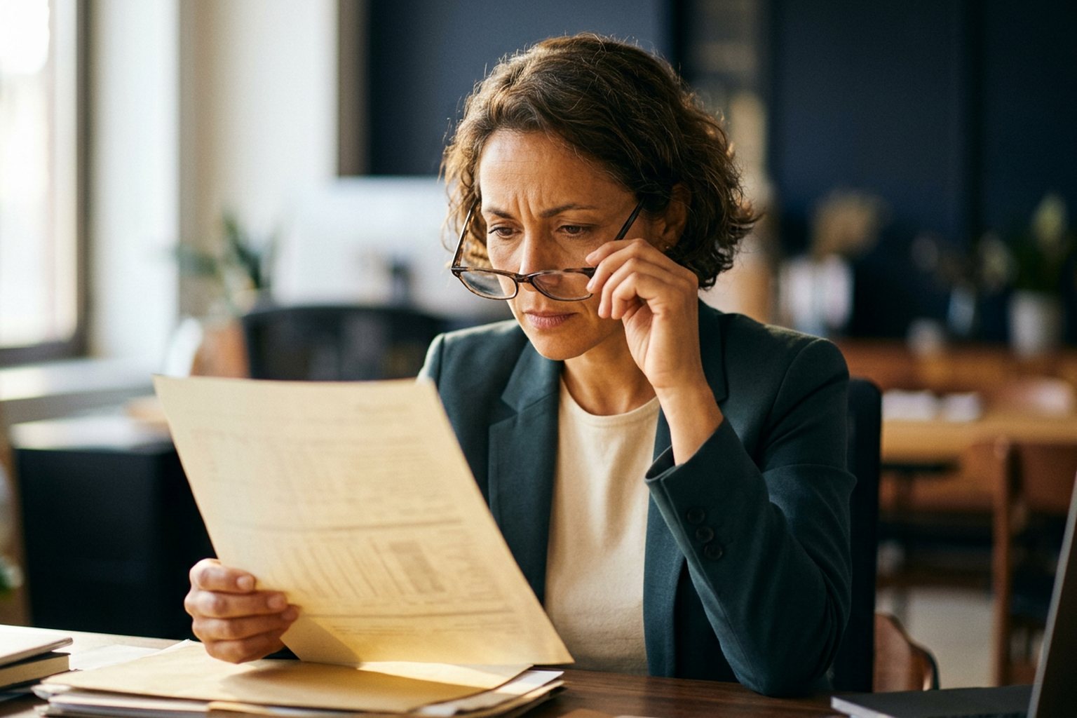 A buyer of training examining a printed certificate closely at a desk