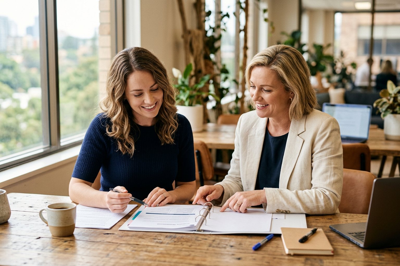 Two professionals reviewing training materials together at a desk in Australia