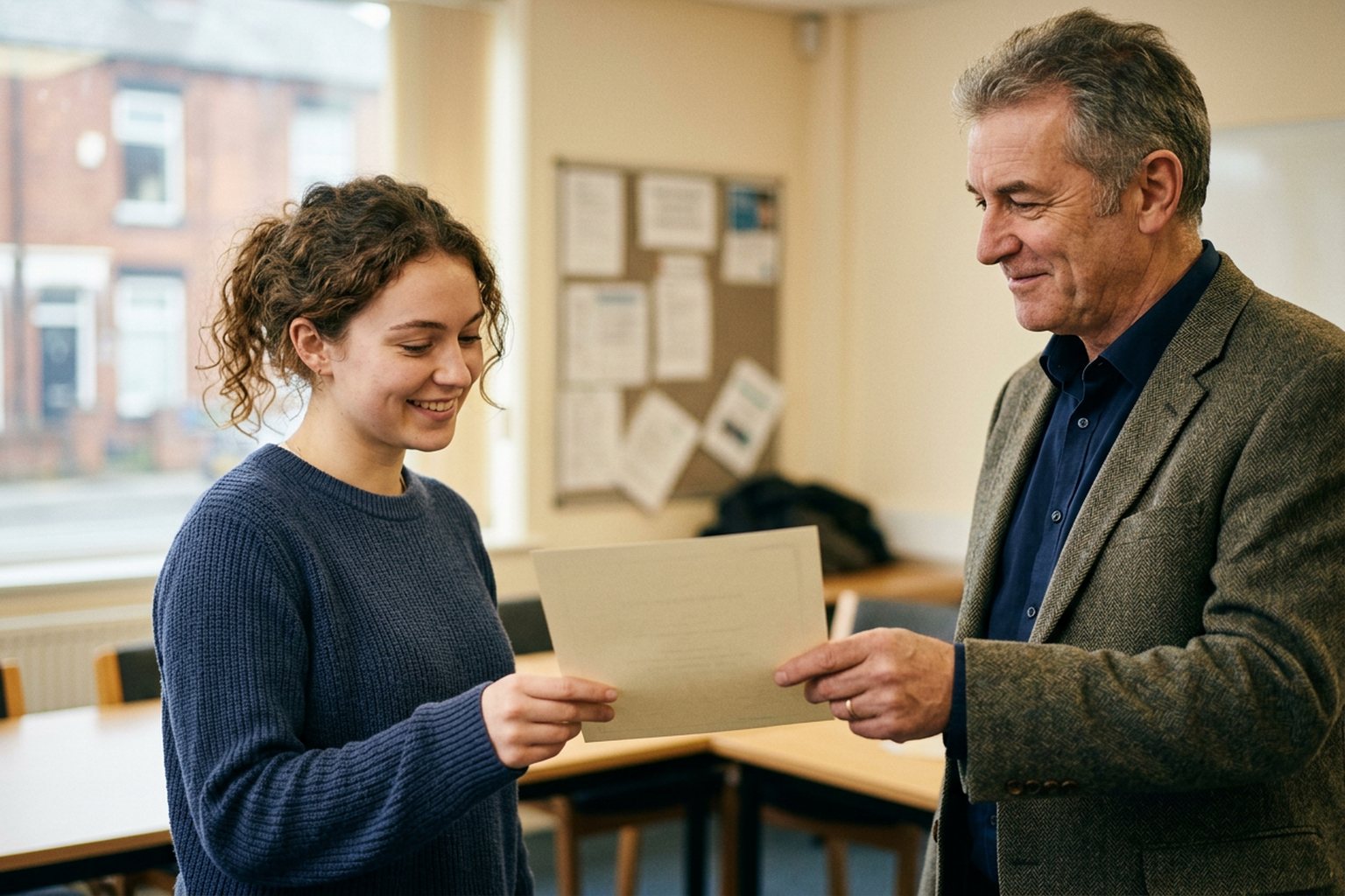 A learner receiving a printed certificate from a trainer