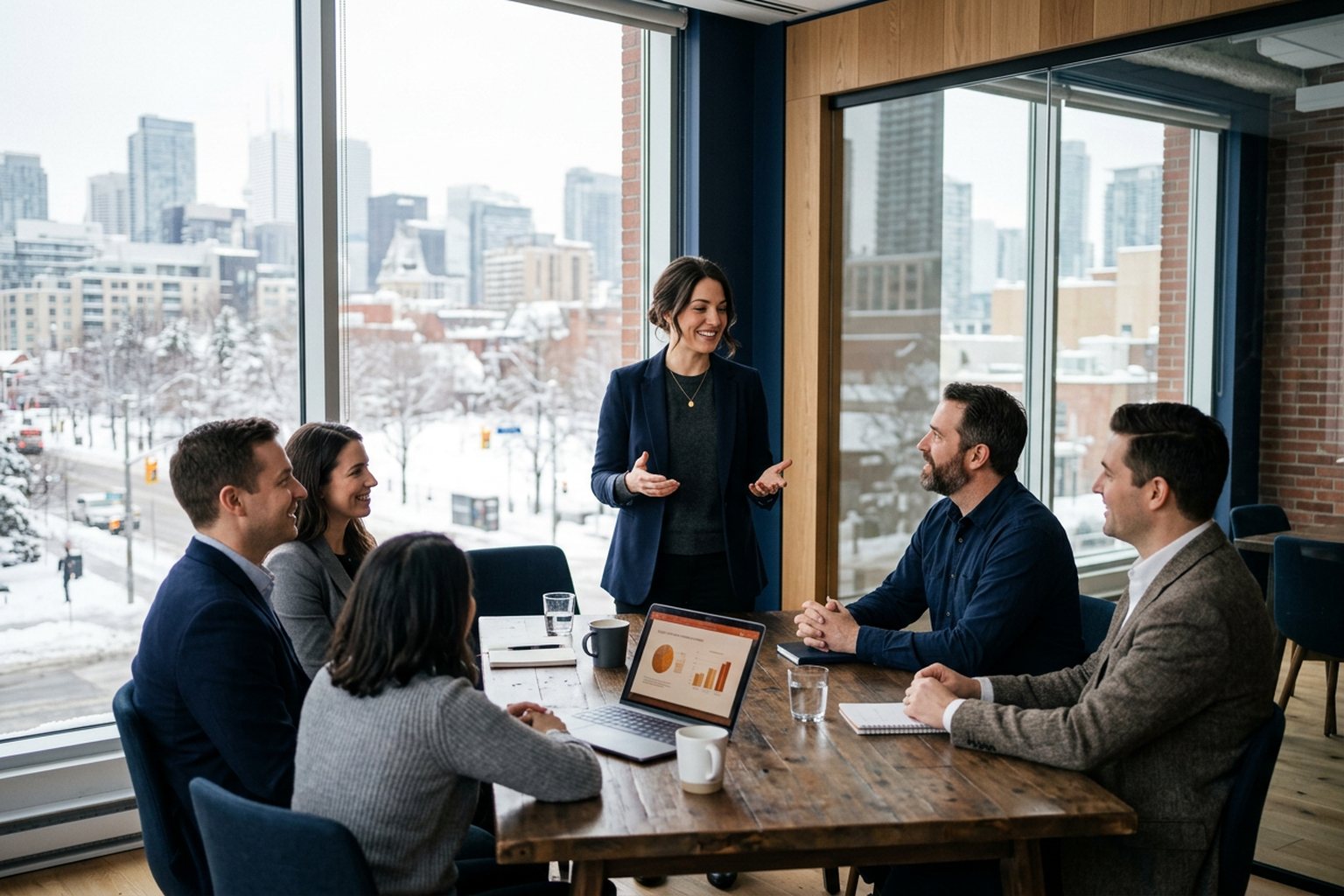 A professional presenting to a small group in a modern meeting room in Canada