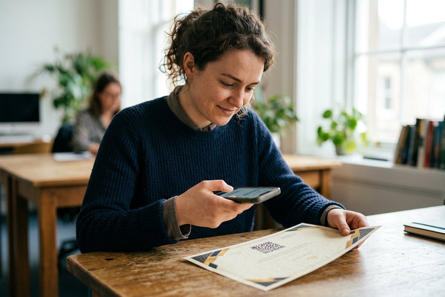 A person scanning a QR code on a printed certificate with a phone