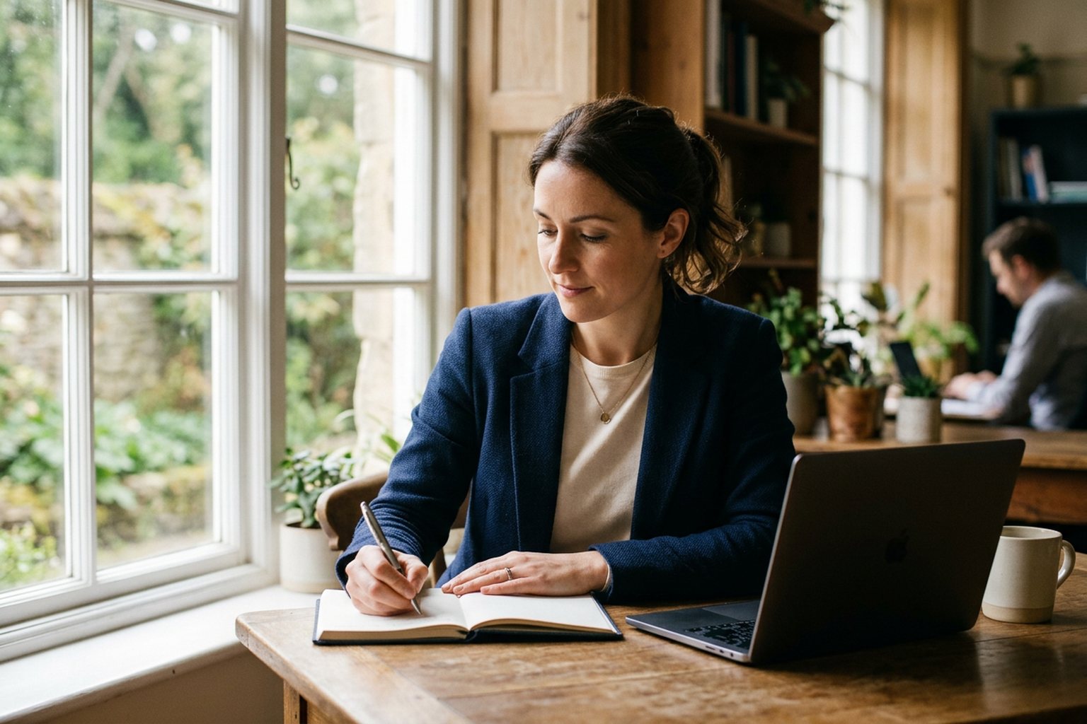 An HR professional writing reflective notes in a notebook at a quiet desk