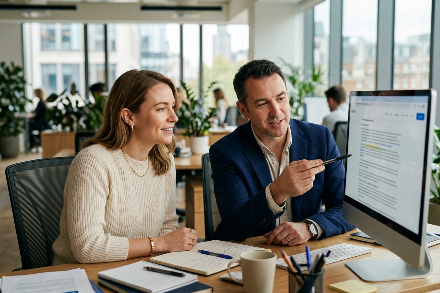 A marketing professional and colleague reviewing website copy on a monitor