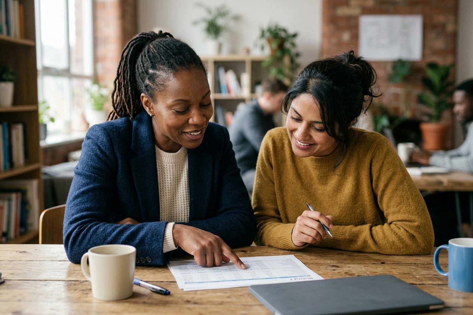 A business owner and colleague reviewing a budget together at a table
