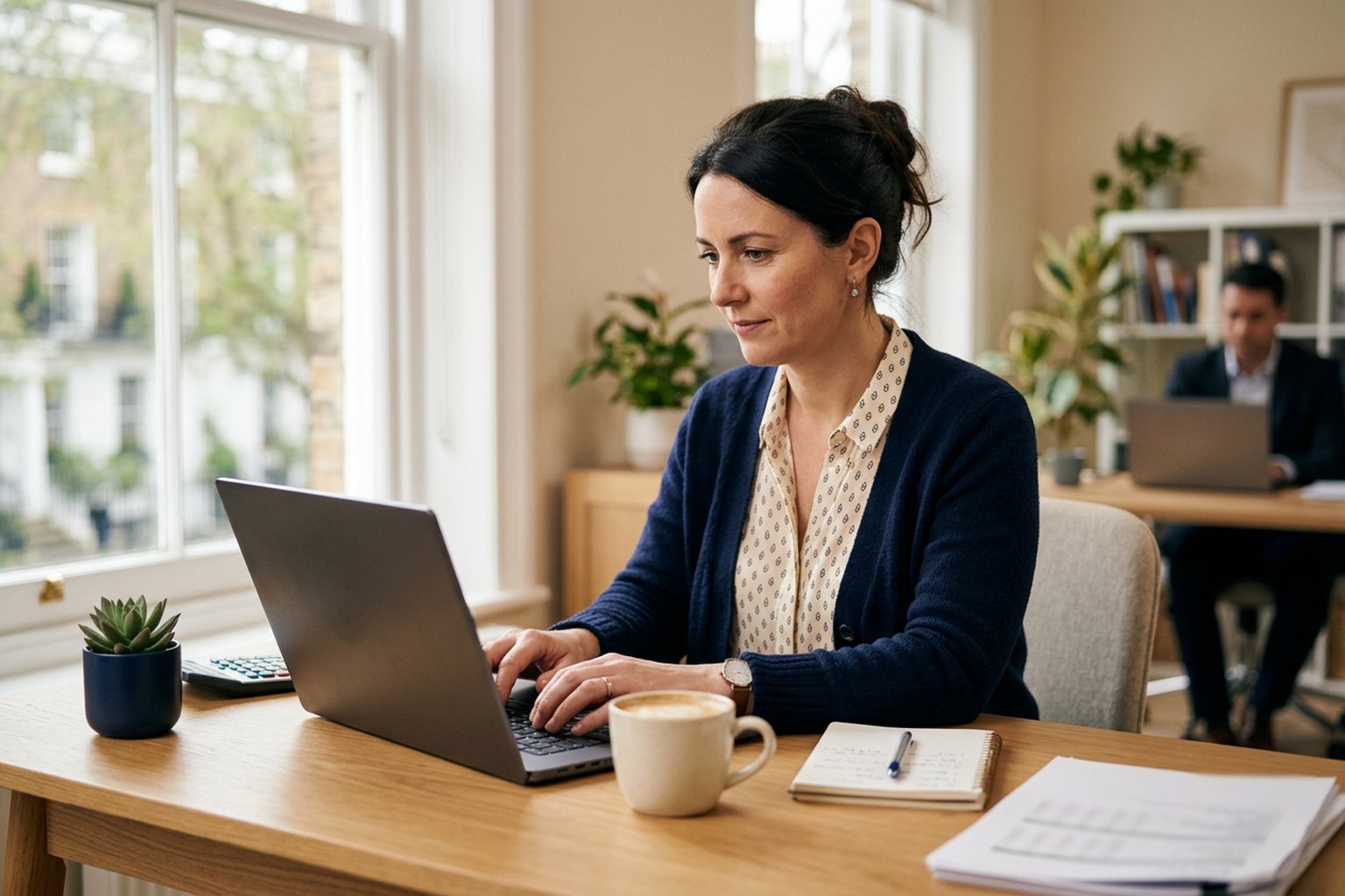 An accountant logging a CPD entry on a laptop at a tidy desk