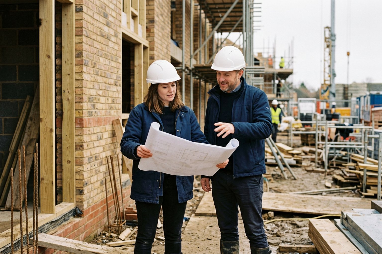 Two architects in hard hats examining plans beside a building under construction