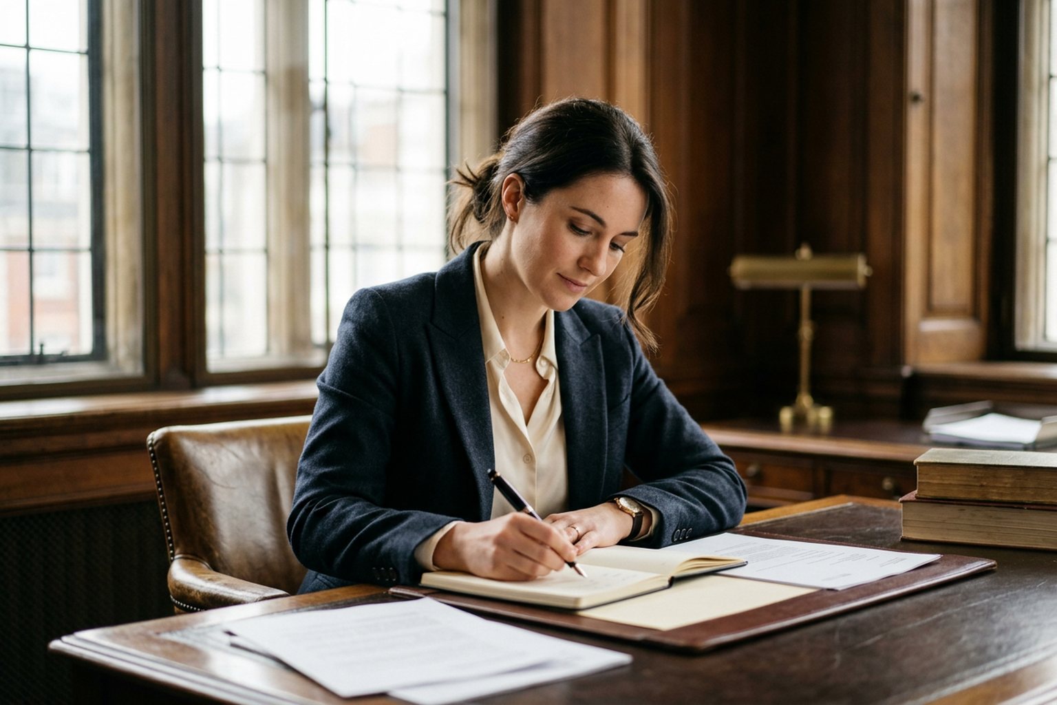 A legal professional writing up a learning record at a desk