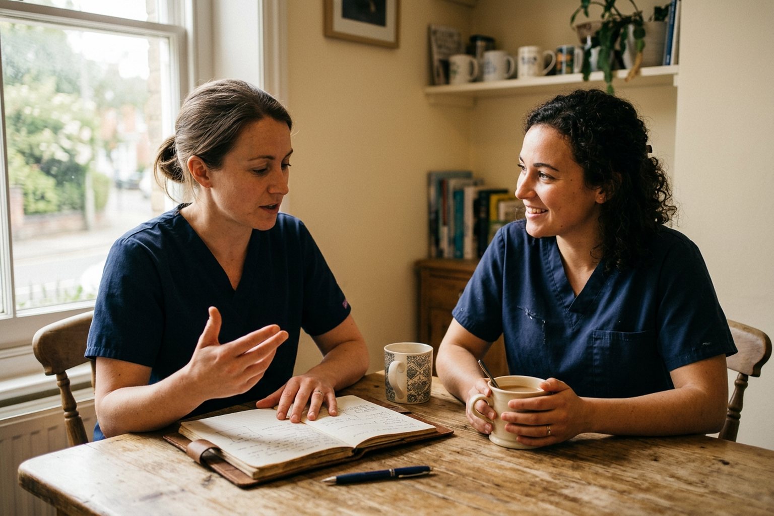 Two veterinary colleagues in a practice staff room reviewing a case over notes