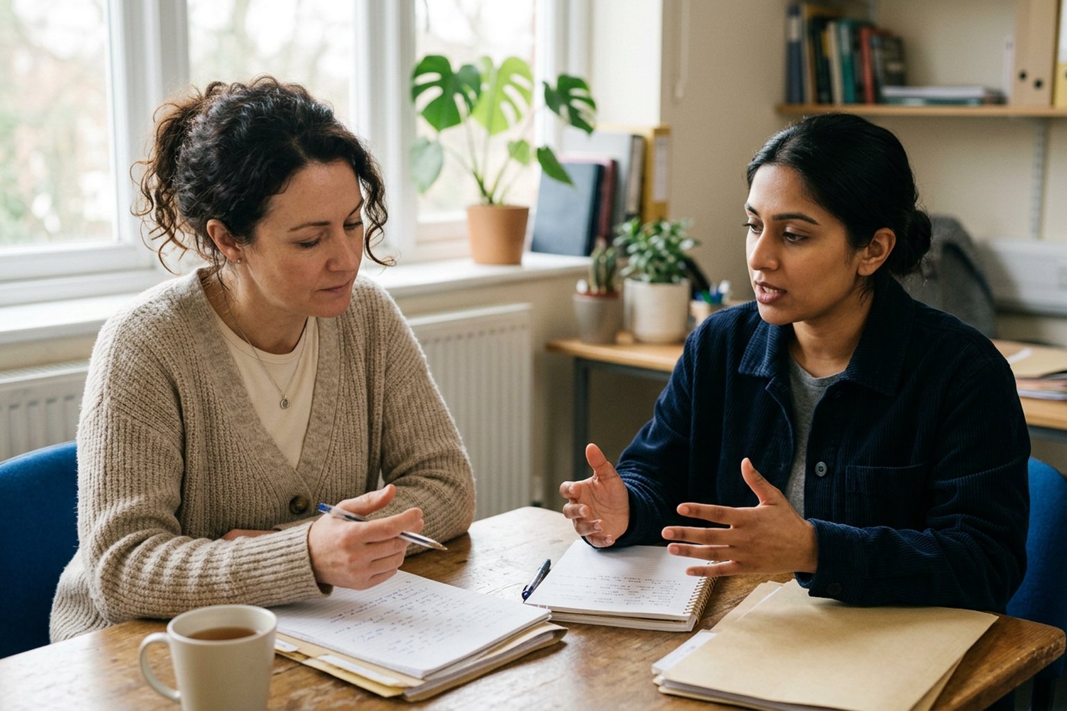 Two social work colleagues having a reflective peer discussion over notes