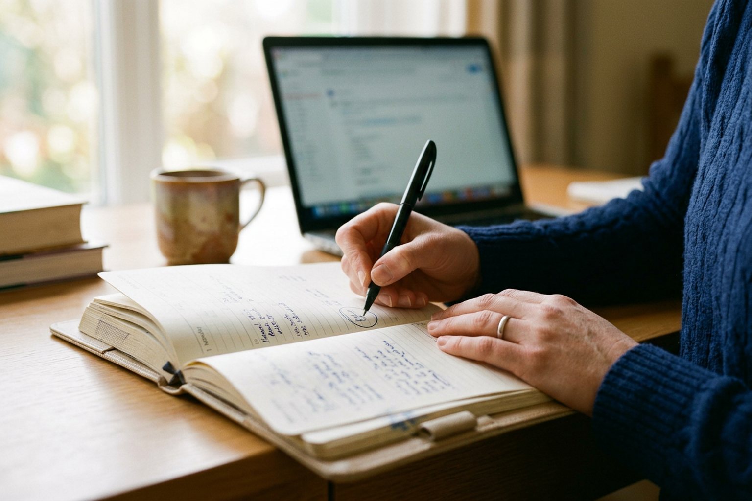 Close-up of a person marking a date in a desk diary with a pen, a laptop softly out of focus behind