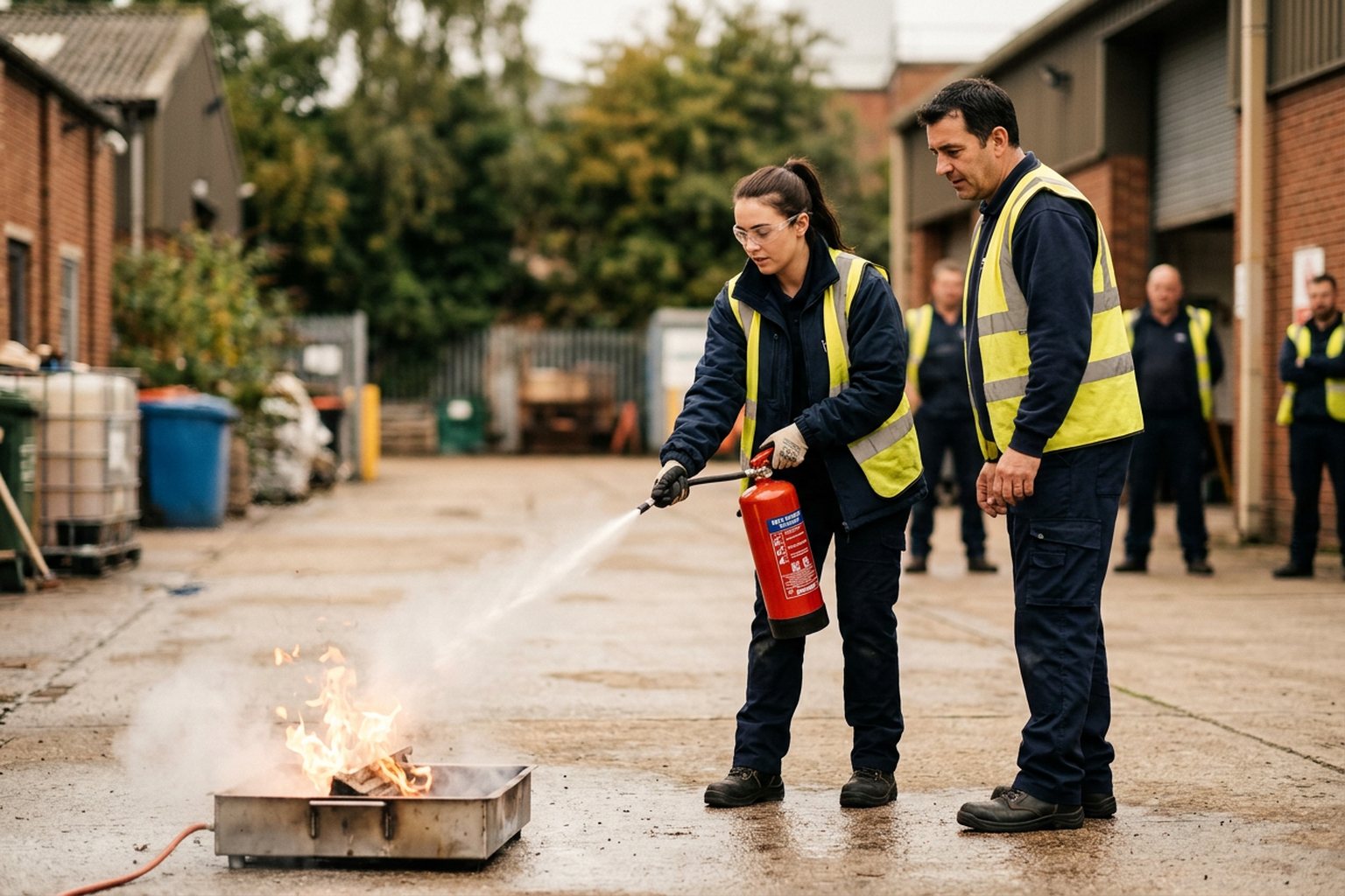 A staff member practising with a fire extinguisher under instructor guidance