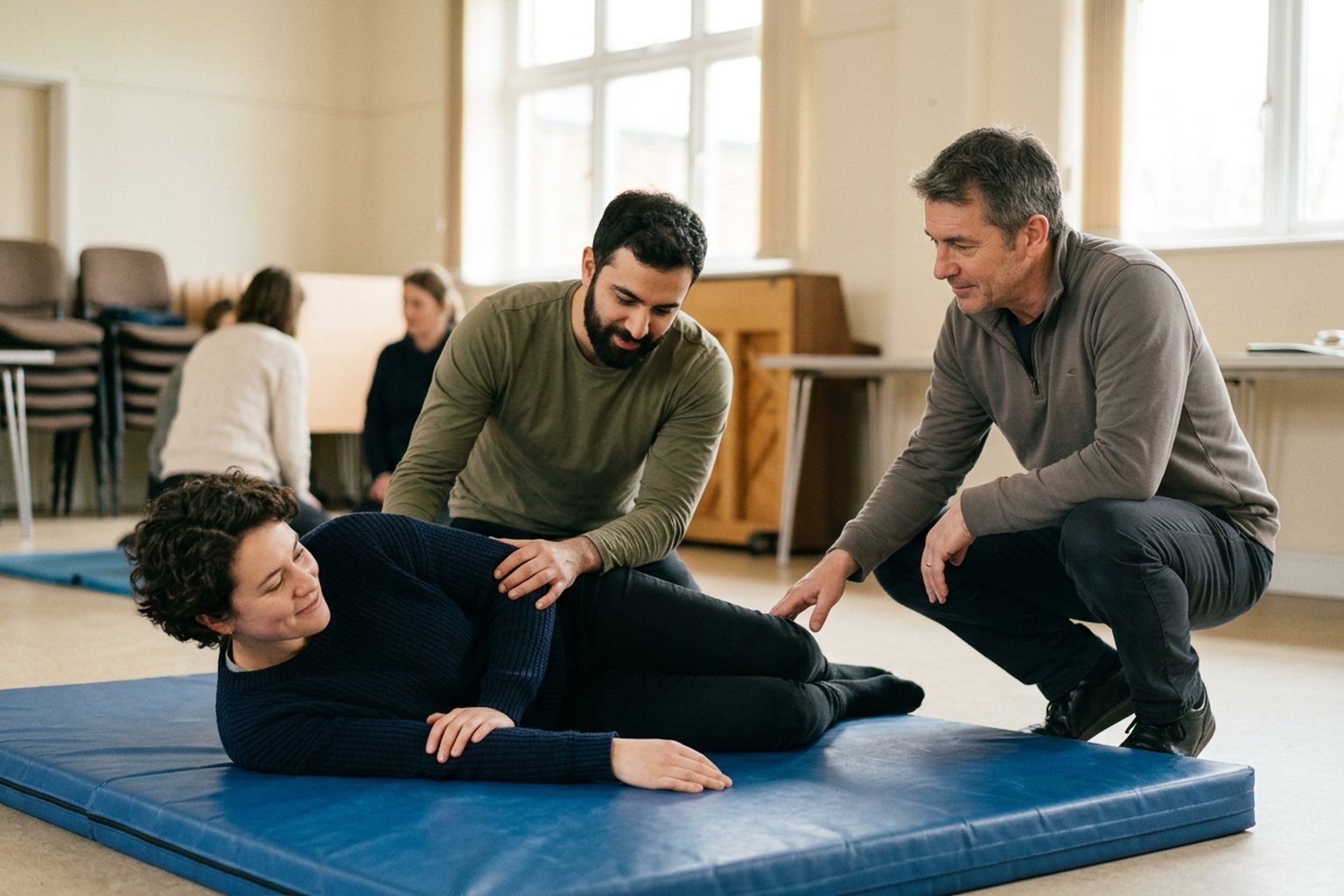 Course participants practising the recovery position with an instructor observing