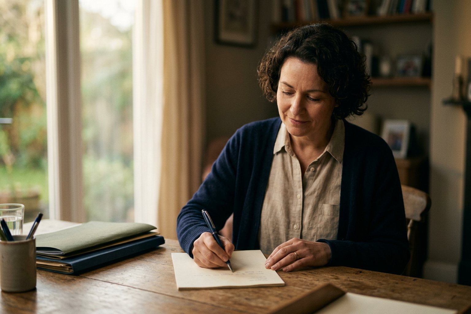 An assessor writing a written decision at a desk